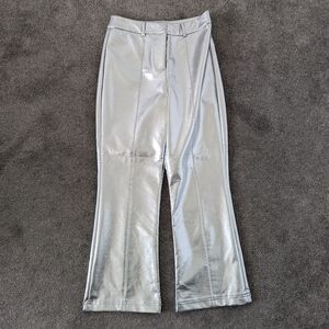 Chic Silver Metallic Cropped Pants by Something, Size S Futuristic Vegan Leather